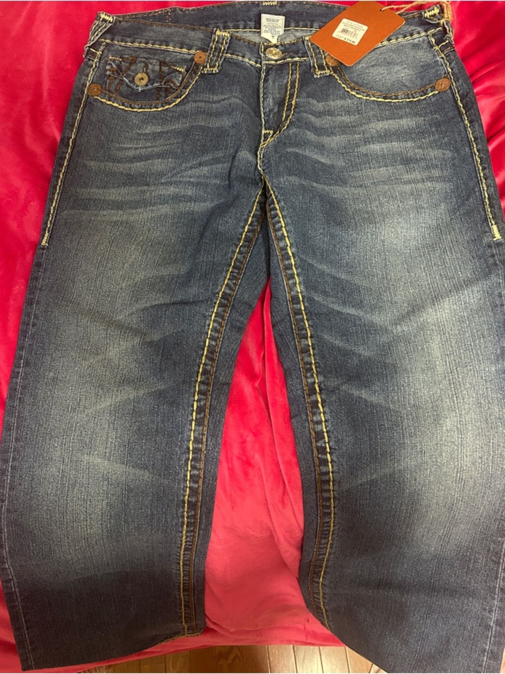 True Religion Dark Blue Denim Jeans with Yellow Contrast Stitching